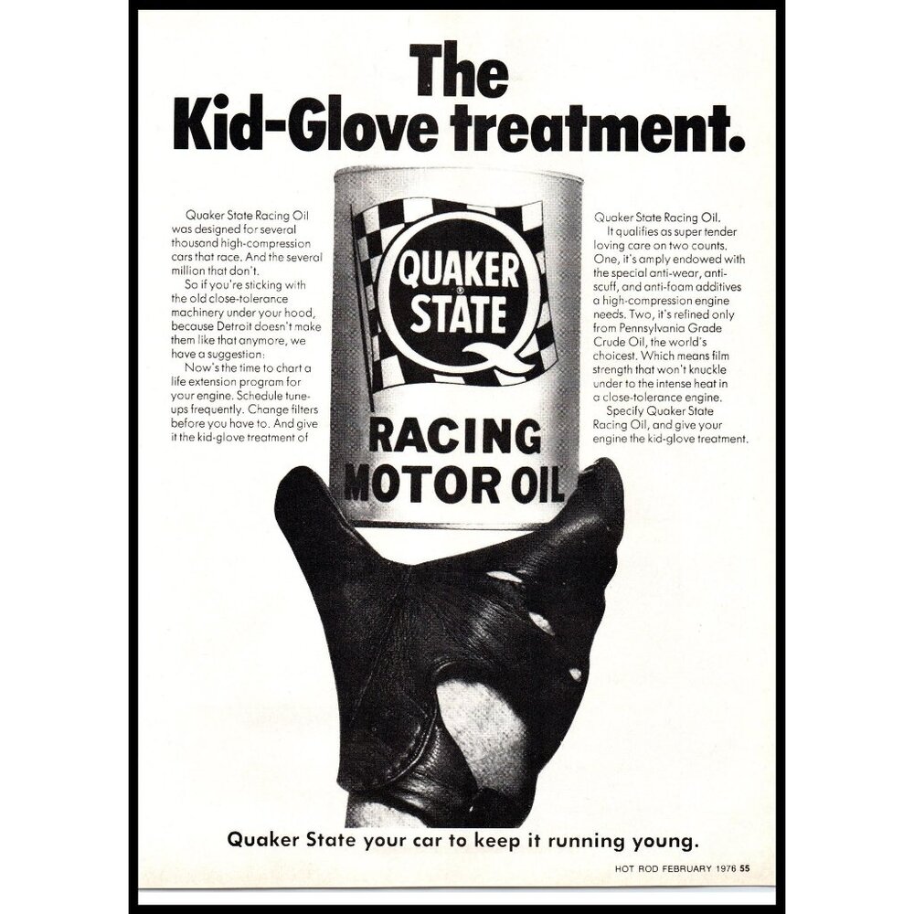1976 Quaker State Racing Motor Oil Vintage Print Ad Driving Glove Kid Wall Art